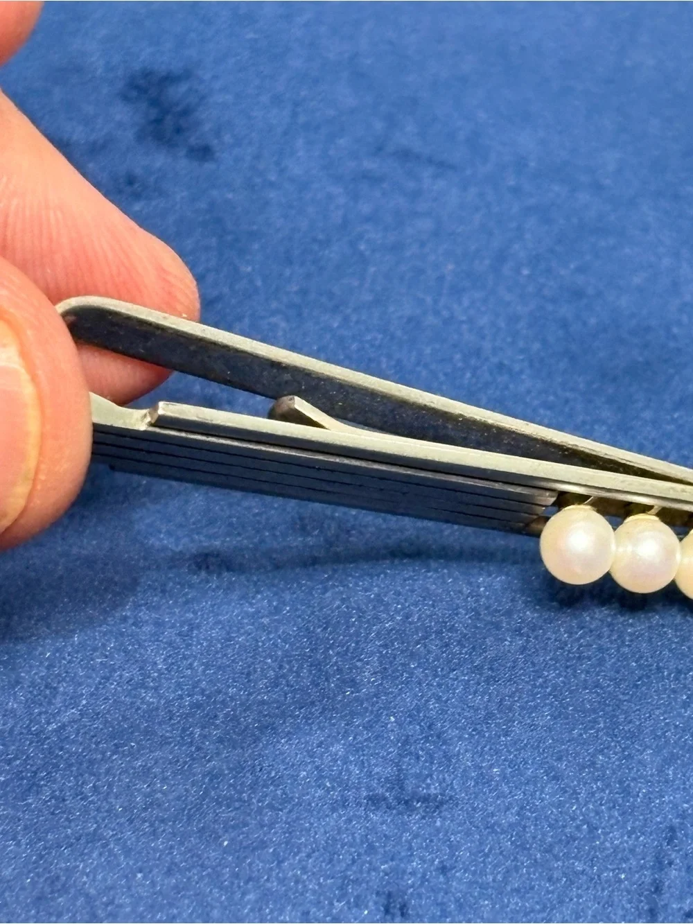 RARE Vintage K. Mikimoto Tokyo Silver Tie Clip 5 Akoya Pearls MCM Signed